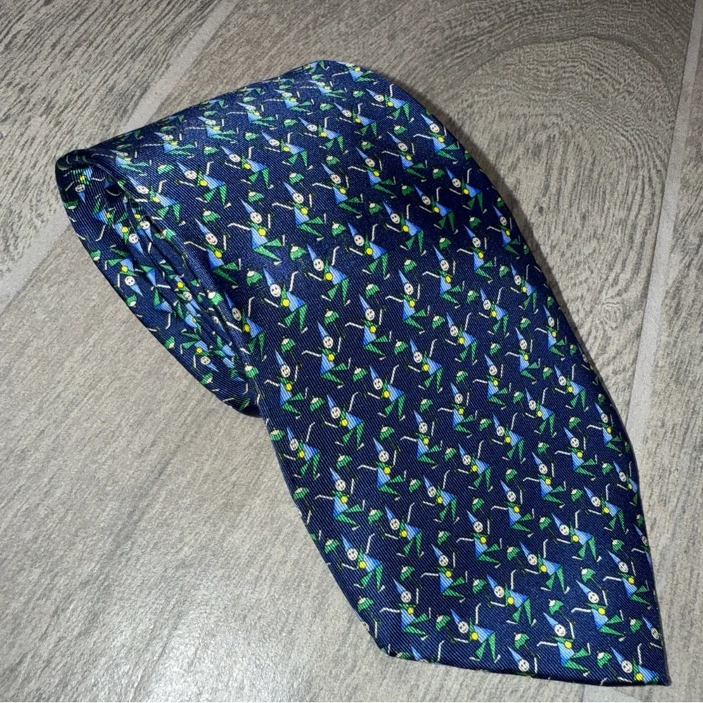Salvatore Ferragamo Silk Tie Navy Whimsical‎ Gnome Elf Umbrella Print Novelty